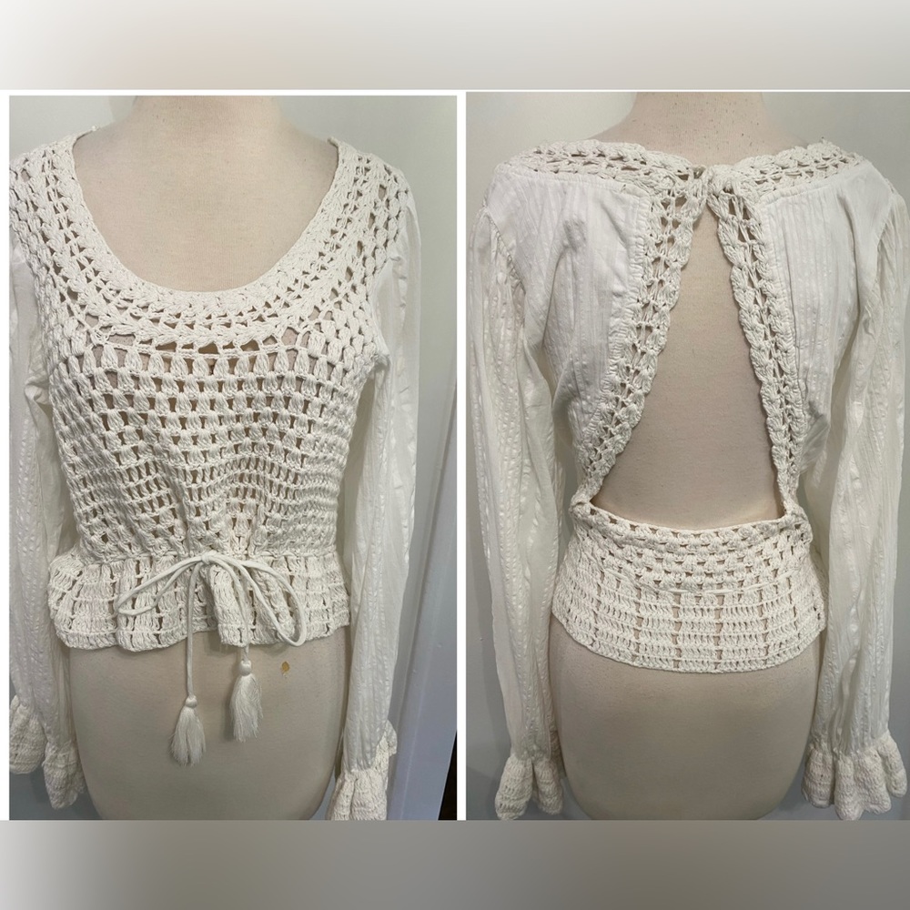 FREE PEOPLE White Long Sleeve Top with Crochet Accent and Open Back - Si…